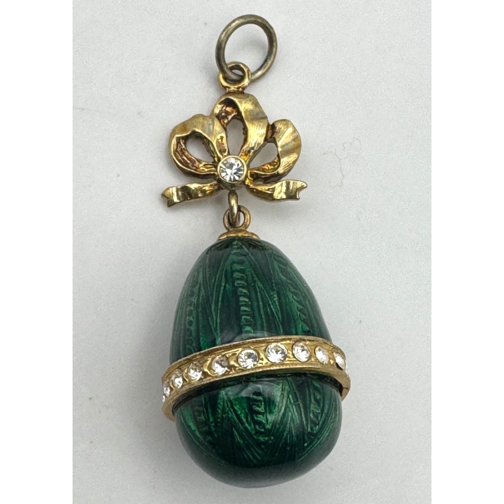 Vintage Egg Pendant Green Guiollche Enamel Rhinestone Bow